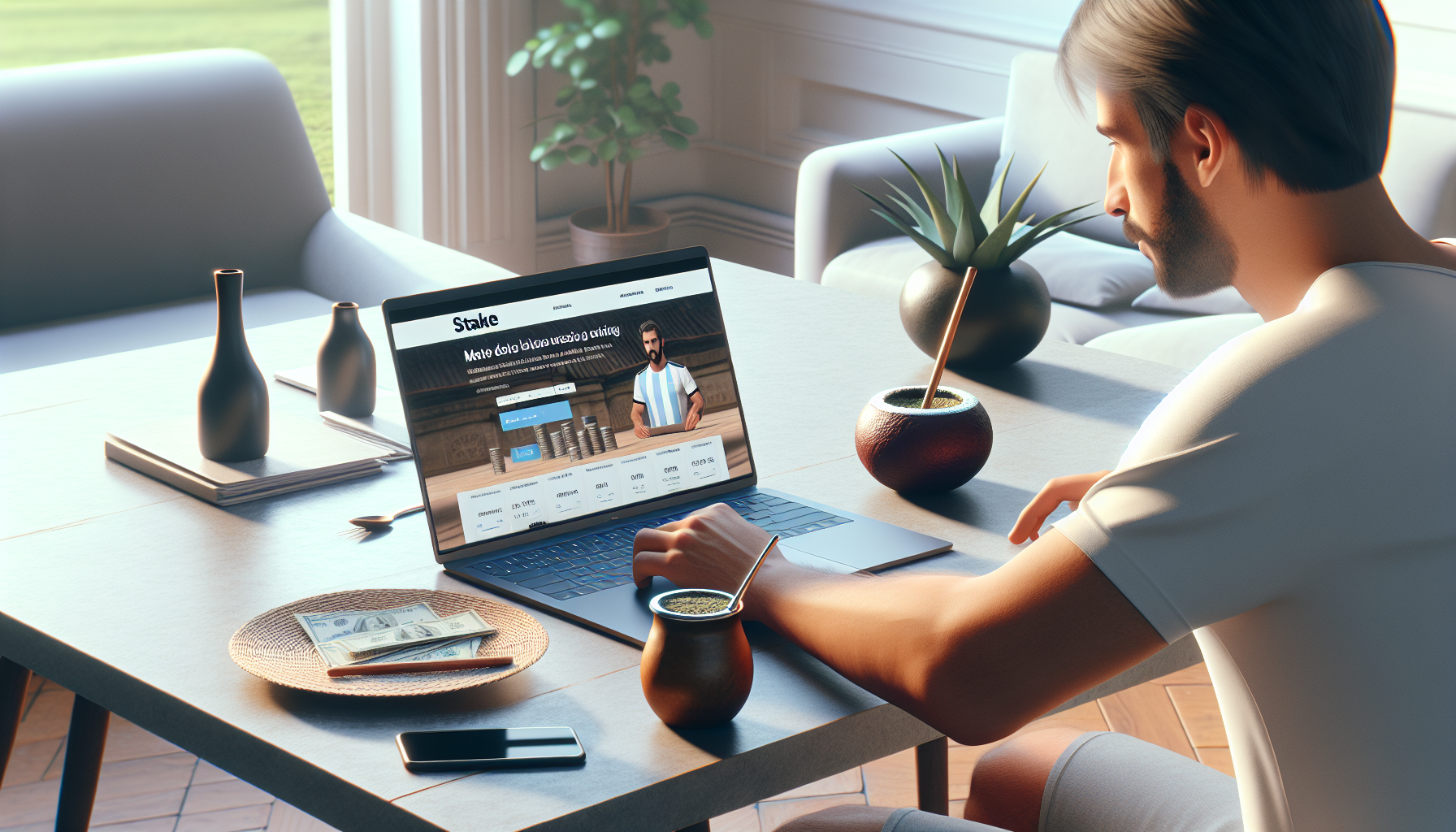 Usuario argentino navegando por Stake desde su portátil en ambiente hogareño y seguro